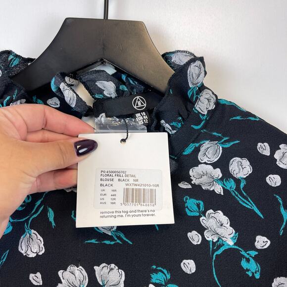 NWT Missguided Size 12 Floral Frill Detail Blouse Black Blue Mock Neck - Picture 5 of 10